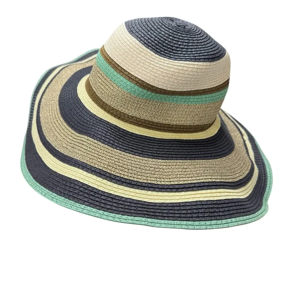 THE WEBSTER Target Navy Striped Woven Sun Hat Tan Green Gold Brown Summer Beach